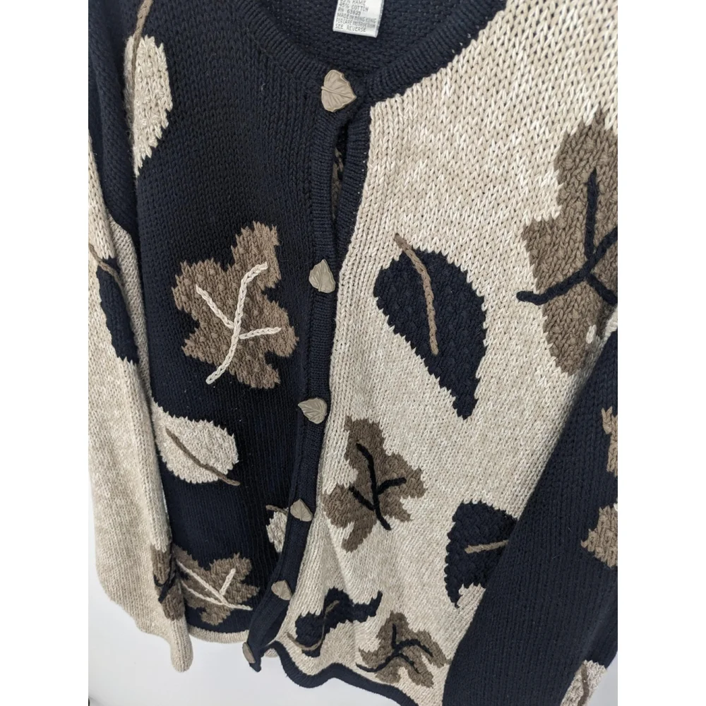 Vintage Sweater Women XL Black Beige Long Cardigan‎ Fall Leaves Embroidered Knit